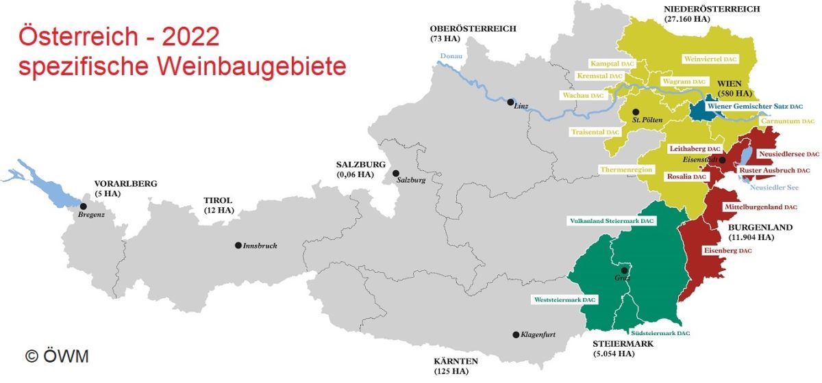 Österreich - Karte der spezifischen Weinbaugebiete