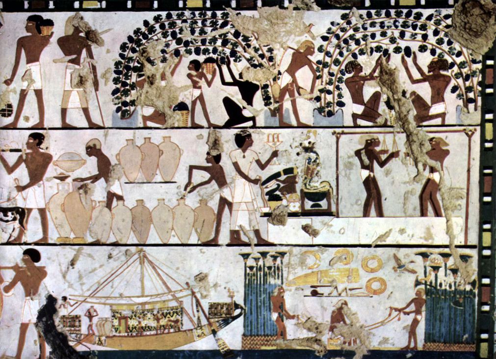 Malerei aus dem Grab des Chaemwese in Theben um 1450 v. Chr. mit Motiven der Weinlese und Weinbereitung