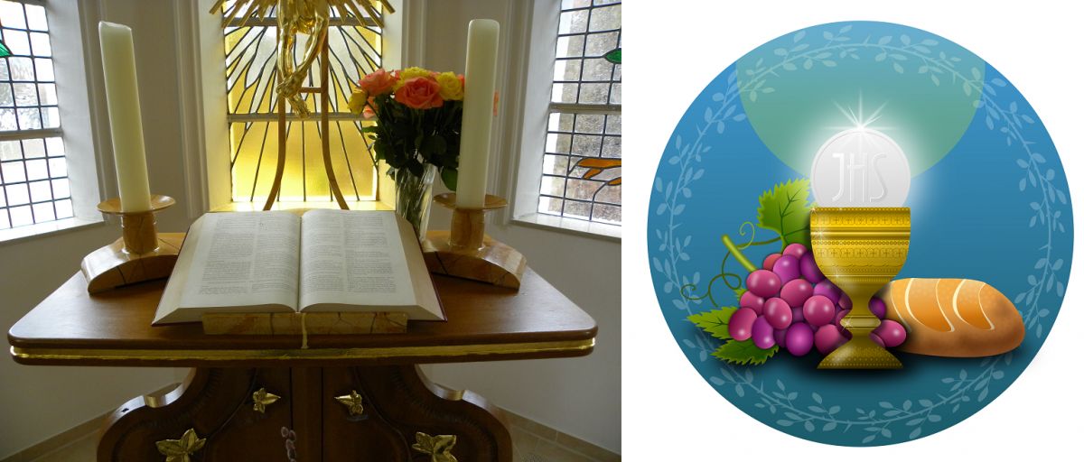 Bibel - Altar mit aufgeschlagener Bibel / Messkelch mit Hostie, Traube und Brot