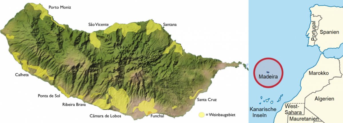 Madeira - Karte Weinbaugebiete und Karte bez. Position