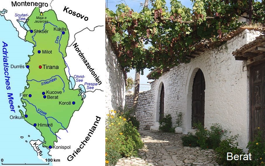 Albanien - Landkarte und Weinlaube in Berat