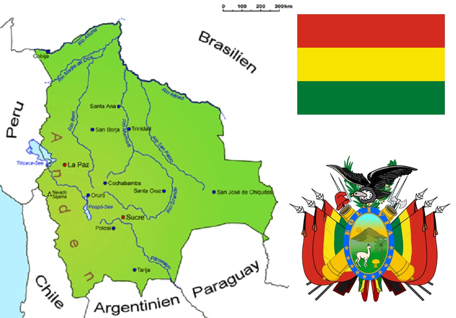 Bolivien - Landkarte, Flagge und Wappen
