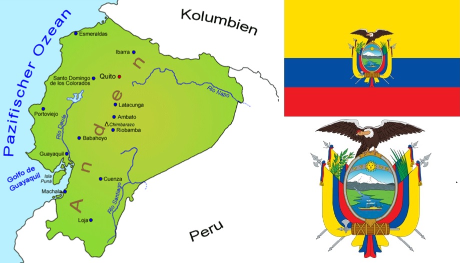 Ecuador - Landkarte, Flagge und Wappen