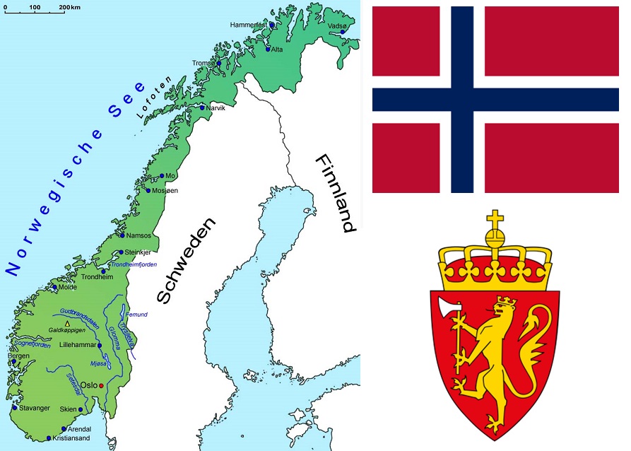 Norwegen - Landkarte, Flagge, Wappen