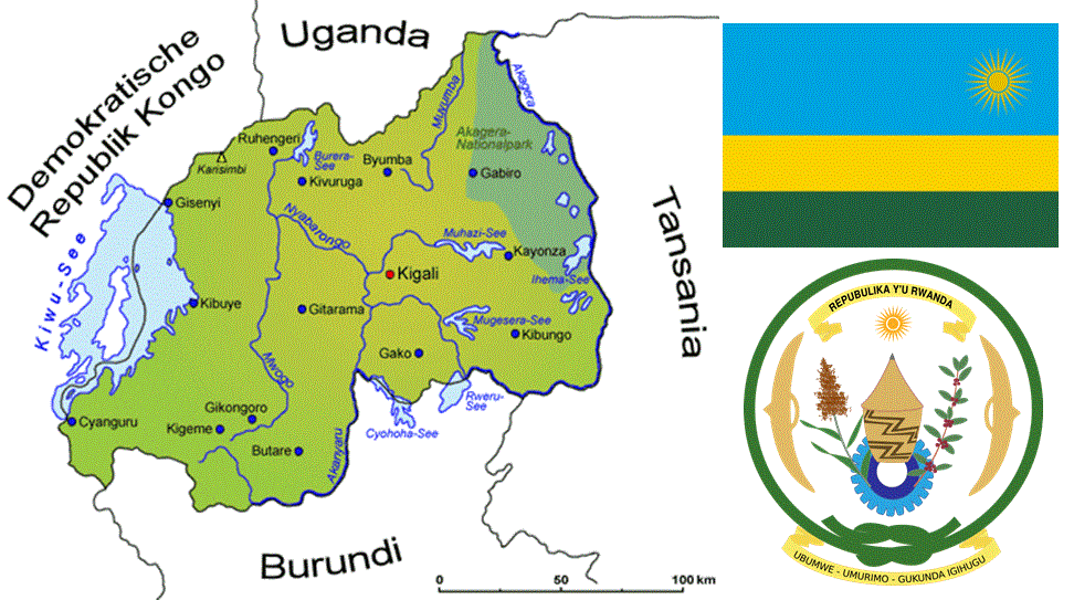 Ruanda - Landkarte, Flagge und Wappen