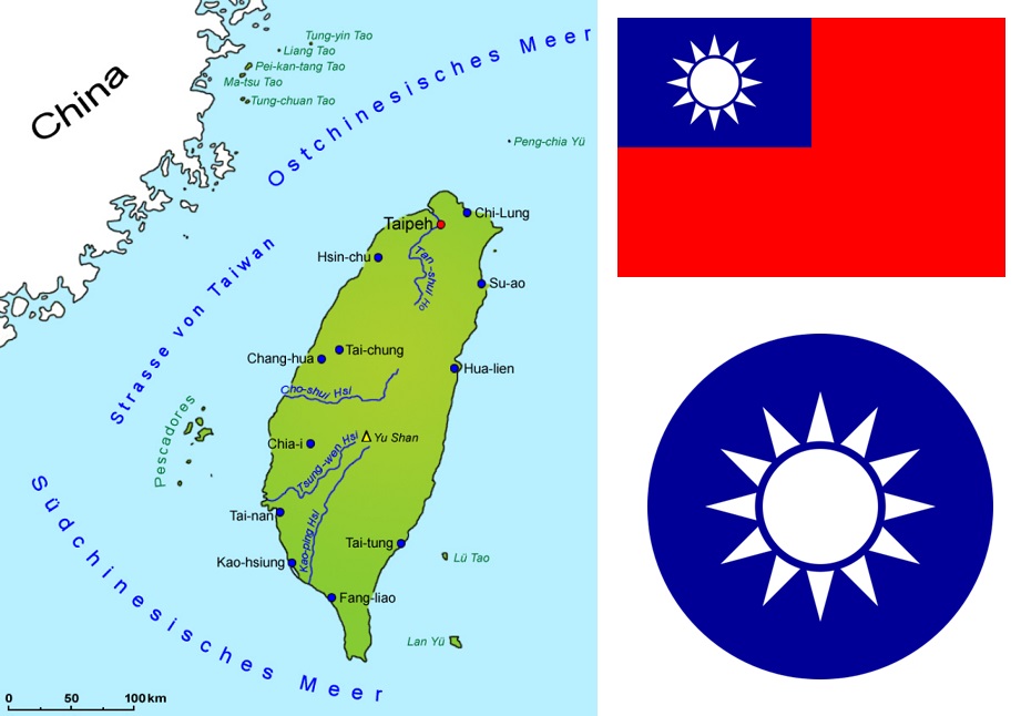 Taiwan - Landkarte, Flagge und Wappen