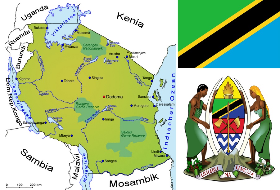 Tansania - Landkarte, Flagge und Wappen